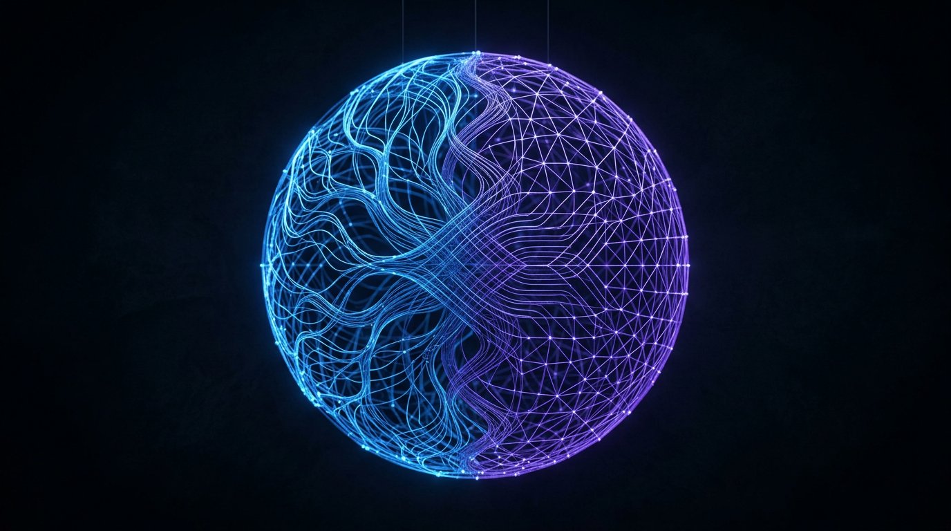 Abstract sculpture of glowing filaments forming a sphere — half organic, half geometric