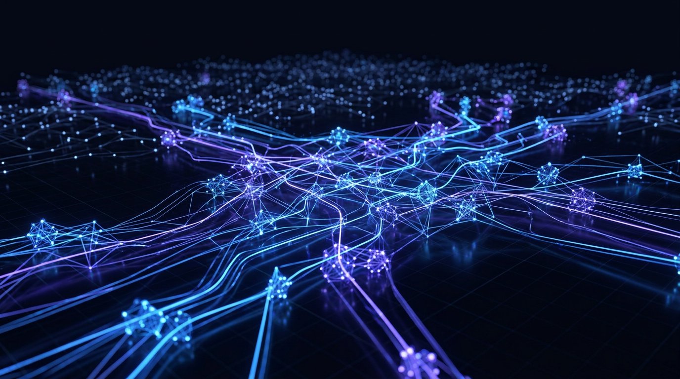 Abstract visualisation of a glowing logistics route network